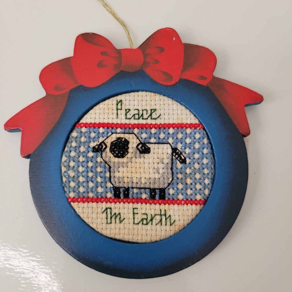 Peace on Earth Sheep Cross Stitch Christmas Ornament Red Bow Blue Frame Hang 90s